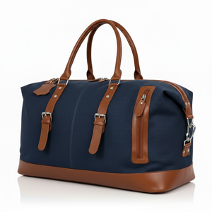 Bolsa de Lona Plegable de Gran Capacidad, Color Azul Marino, con Cierre, de Alta Calidad, Unisex, para Viajes de Fin de Semana, con Detalles en Cuero Genuino y Poliéster - Product Image 1