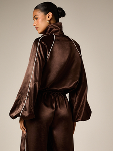 Silk Satin <b>Jacket</b> Funnel Neck Zip Piping Trim Raglan Sleeve Oversized Chocolate Brown Womens Wholesale - Product Image 2
