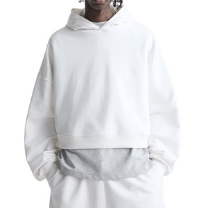 Sudadera corta para hombre, de algodón, oversize, con hombros caídos, estilo streetwear, de tela gruesa, con logo personalizado, sudadera con capucha corta para hombre. - Product Image 3