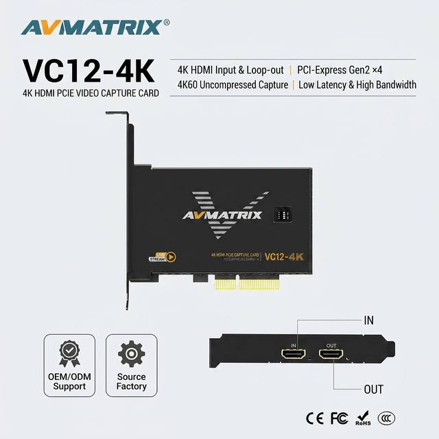 AVMATRIX VC12-4K HDMI 2.0 PCIE Capture Card 4K60 Uncompressed 1080p240Hz Loop-out for E-sports Live Streaming OBS
