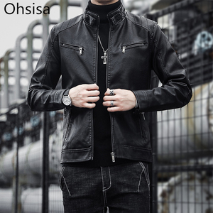 Chaqueta de Cuero PU Negra para Hombre, Cuello Alto, Cierre Frontal con Cremallera, Estilo Casual, para Motocicleta, Ropa de Invierno - Product Image 5