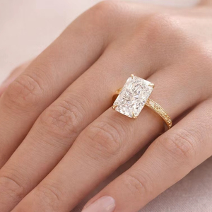 Radiant Cut <b>Diamond</b> Gold Promise <b>Ring</b> with Bezel Setting and Vintage Scroll Engraving Luxury Christian Wedding <b>Ring</b> - Product Image 5