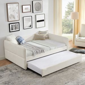 Divano letto matrimoniale in tessuto bouclé con letto estraibile, imbottito e trapuntato, beige (210x148x75 cm) - Product Image 2