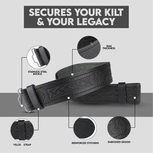 Ceinture écossaise en cuir 100% noir avec nœud celtique et motif gaufré, doublure réglable à scratch pour kilt des Highlands écossais - Product Image 3