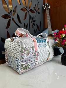 Luxury Block Printed Cotton Duffel <b>Bag</b> for Women Hand Luggage Washable Beach <b>Overnight</b> Travel Market Shopping Gift Zipper - Product Image 5