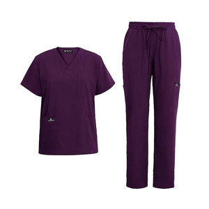 Conjunto de uniforme médico morado para mujer, cuello en V, manga corta, de punto, algodón y poliéster, pantalones con bolsillos y detección de agujas - Product Image 1