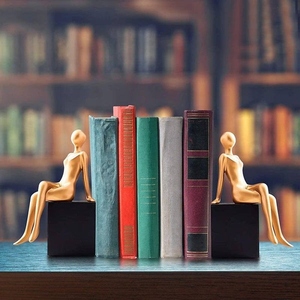 Modern design cast aluminum seated human figurine with wooden base bookend set black and gold decorative book holder - Product Image 5