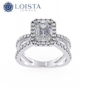 LOISTA Emerald Cut Diamond <b>Ring</b> With Halo And Side Stones In White Gold For Women's Engagement Classic Style GIA Certified - Product Image 3