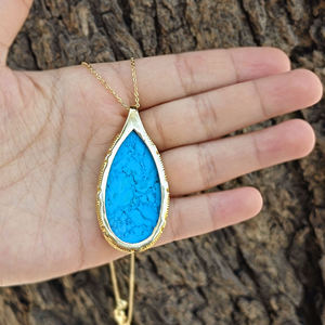 Turquoise Jewelry Pendant <b>Necklace</b> 18k Gold Plated Brass Pear Stone Leaf Designer Collet Punk Style Wedding <b>Statement</b> <b>Necklace</b> - Product Image 6