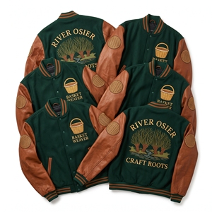 Chaqueta universitaria al por mayor verde bosque con cuerpo de lana y mangas de cuero marrón óxido, estilo Letterman River Osier Basket Weaver Wicker - Product Image 1