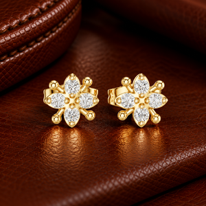 Boucles d'oreilles clous en or jaune 14K 18K avec diamants de laboratoire taille ronde, motif floral à quatre pierres, DEF VVS, bijoux fins pour mariée et mariage, ODM - Product Image 1