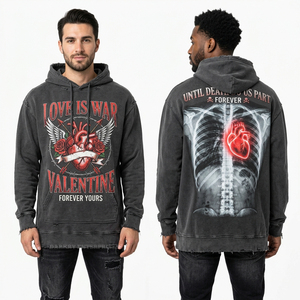 Sweat à capuche personnalisé orange teint en pièce, style streetwear, avec motif squelette tenant une rose et imprimé cœur en flamme, pull épais pour homme - Product Image 2