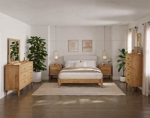 Midcentury Modern Upholstered Bed <b>Frame</b> Queen Size <b>Oak</b> Wood Fabric Headboard Soft Bed Platform Design - Product Image 3
