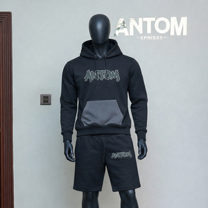 Ensemble décontracté d'été pour homme : survêtement deux pièces (hoodie et short) 100 % coton, grandes tailles, couleur unie, avec logo personnalisé imprimé - Product Image 2