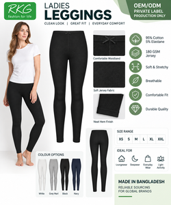 Leggings décontractés pour femmes en coton et élasthanne tricotés, longueur intégrale, couleur unie noire, taille élastique, extensibles et doux, 180g, toutes saisons - Product Image 2