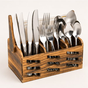 Wholesale Rustic Wooden Silverware <b>Caddy</b> With Ergonomic Handle 4-Compartment Flatware Utensil Holder For <b>Kitchen</b> Countertop - Product Image 2