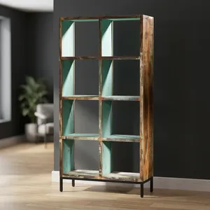 Étagère rustique en bois et fer à 8 cubes avec étagères ouvertes et finition vieillie pour le rangement dans le salon - Product Image 3