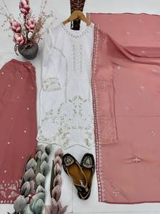 TENNECY New Designer Heavy Embroidery Sequences Work Georgette Women's <b>Ankle</b>-Length Kurta Set Both Side Moti Hend Work Wedding - Product Image 5