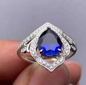 Anillo de Zafiro Azul Deslumbrante con Halo de Diamantes en Forma de Pera, Plata de Ley, Joyería para Fiestas, Regalo de Cumpleaños, Anillo Elegante para Mujer - Product Image 1