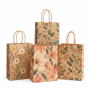 Bolsas de Compras de Papel Kraft con Diseño Floral Personalizado, Asas Retorcidas, Bolsas de Regalo con Flores Impresas para Boutique, Empaquetado Minorista, Venta al Por Mayor - Product Image 1