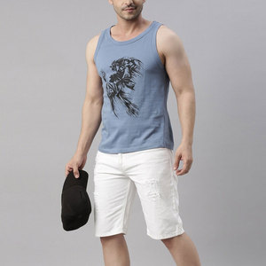 Men's Blue Sleeveless Tank <b>Top</b> With <b>Black</b> Character Print O-Neck Casual Style Breathable Cotton Fit Tank <b>Top</b> - Product Image 4