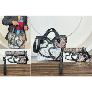 กระเป๋าหนังวัวลายหัวใจแบบทำมือรุ่นใหม่ล่าสุด ชุดกระเป๋าสะพายข้างสไตล์ตะวันตกพร้อมกระเป๋าสตางค์เข้าชุดสำหรับผู้หญิง - Product Image 1