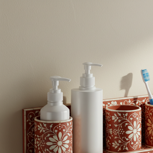 Terracotta Bathroom Accessory <b>Set</b> Decorative Floral Wall Shelf Dual <b>Soap</b> Pumps and Toothbrush Tumblers Rust Orange & White - Product Image 3