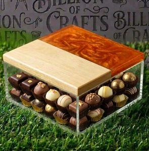 Clear <b>Acrylic</b> Chocolate <b>Storage</b> Box with Beech Wood Grain Lid Rectangular Food <b>Container</b> 1 Layer Hinged Lid Minimalist Design - Product Image 1