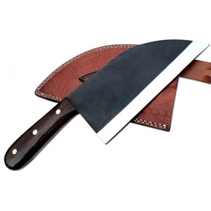 Couteau de cuisine industriel en acier Damas traditionnel, style Viking, avec manche en bois, étui en cuir, lame de 12 pouces, finition mate - Product Image 1