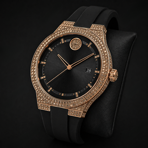 Rose Gold Diamond <b>Watch</b> <b>Black</b> Rubber Strap Luxury Quartz Wristwatch Iced Out Designer Style Premium Timepiece Collection - Product Image 1