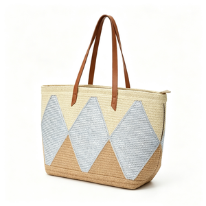 Customized Diamond patchwork woven tote <b>bag</b>,geometric straw shoulder shopper,multi‑tone woven <b>basket</b> tote with faux‑leather - Product Image 3