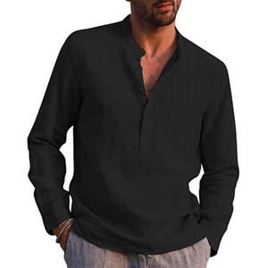 Hot Sale XXL Plus Size Men's <b>Linen</b> Cotton Long-Sleeved Summer <b>Shirts</b> Solid <b>Black</b> Casual Beach Style with Stand-Up Collar - Product Image 1