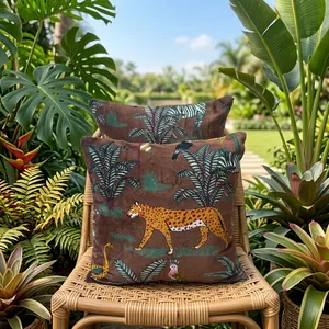 Funda de Almohada de Terciopelo de Algodón Marrón con Estampado de Leopardo y Selva Tropical, Funda de Cojín Decorativa de Lujo para Sofá - Product Image 5