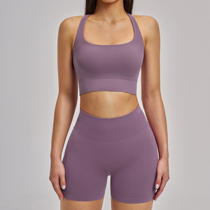Ensemble de yoga uni pour femme, legging taille haute et crop top, sans couture, en Spandex et Polyester, 2 pièces, tenue de sport, col licou, fitness - Product Image 4