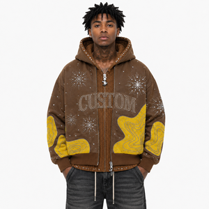 Sudadera con capucha personalizada con cremallera y pedrería, forro de punto de doble capa, patchwork, estilo oversize, efecto desgastado, de tejido grueso, corte holgado, tops de streetwear. - Product Image 1