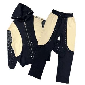 Conjunto de Sudadera con Capucha y Pantalones Deportivos de Algodón Grueso para Hombre, con Bloques de Color, Cierre de Cremallera y Remaches de Diamantes de Imitación, Personalizable - Product Image 5
