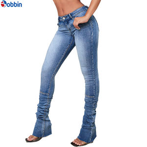 Jean décontracté pour femme, taille haute, en denim bleu délavé, extensible, coupe skinny, personnalisé, évasé et empilé, grandes tailles - Product Image 3