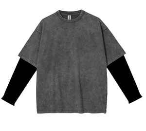 เสื้อยืดแขนยาวผู้ชาย สีดำขาวตัดกัน คอโอ ทรงโอเวอร์ไซส์ ผ้าฝ้ายถัก ลายพิมพ์ภาพสตรีทแวร์ - Product Image 5