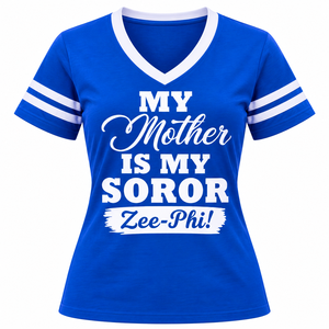 Zeta Phi Beta <b>My</b> Mother Is <b>My</b> Soror Zee-Phi Jersey Tee Women Royal <b>Blue</b> V-Neck Striped Sleeve Legacy Sorority T-Shirt Gift - Product Image 1