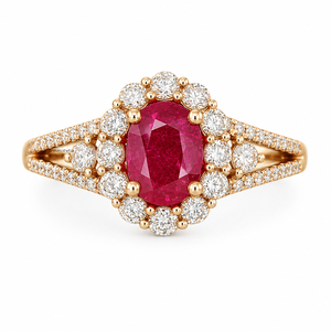 Anillo de lujo con halo de gema roja ovalada y detalles de diamantes redondos y tallo dividido para mujer en oro de 10K, 14K, 18K y plata 925, 935 - Product Image 1