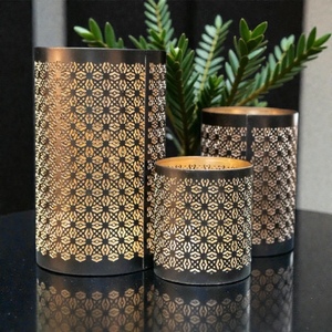 Iron <b>Lantern</b> Candle Holder <b>Set</b> Geometric Cutout Design Black and Gold Home Decoration - Product Image 3