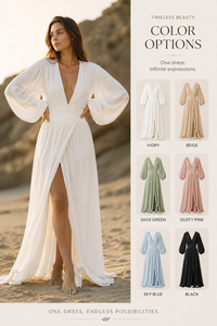 Women <b>White</b> Deep V Neck Long Bubble Sleeve High Slit Sweep Train Anti-Wrinkle A-Line Beach <b>Maxi</b> Dress Sexy Boho Cotton Textured - Product Image 4