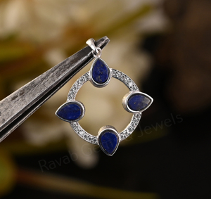 Pendentif unisexe en argent 925 plaqué rhodium, forme poire 4x6mm, serti clos, avec lapis-lazuli et motif floral, pavé, cadeau idéal, best-seller - Product Image 6