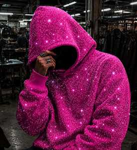 Men's Oversized Zip-Up Glitter Print Hooded Sweatshirt Regular Sleeve Knitted Cotton <b>Summer</b> Streetwear Pocket <b>Hoodie</b> - Product Image 5
