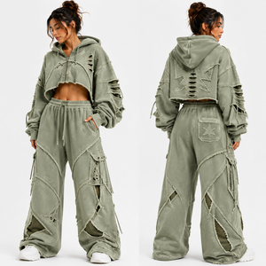 Conjunto Deportivo para Mujer, Color Verde Oliva, Sudadera Corta con Capucha y Pantalones Largos Ajustados, Estilo Urbano, Color Sólido, con Cordón Ajustable - Product Image 3
