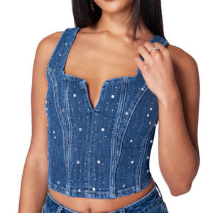Tops en jean pour femmes de haute qualité, tendance et ornés de strass, vente en gros, design et logo personnalisés. - Product Image 1