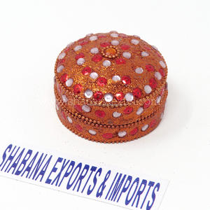 Petite boîte ronde en métal avec paillettes pour bibelots et accessoires, exportation indienne, boîte à souvenirs durable avec perles, boîte cadeau - Product Image 3