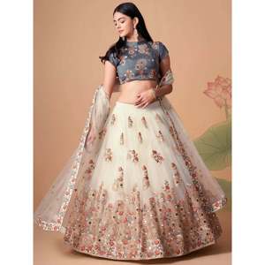 Off-White Embroidered <b>Net</b> Plus Size Lehenga Choli for Sangeet - Product Image 3