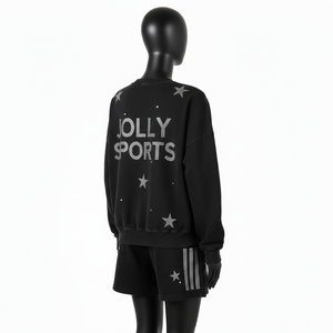 Conjunto de Sudadera y Pantalones Cortos de Felpa de Algodón Negro de 320 GSM para Mujer, con Logotipo de Diamantes de Imitación, Ropa Urbana Personalizada - Product Image 5