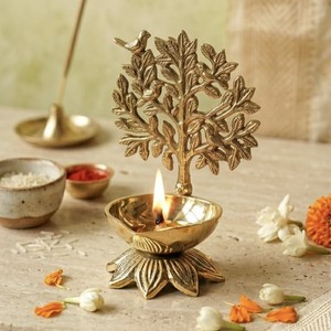 Antique Finish <b>Brass</b> Oil Lamp Set with Ornamental Back Design, Multi Diya Stand for Puja, Temple Decor and Festive Lighting Use - Product Image 2